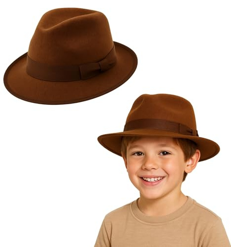 Chapeau d'explorateur marron pour enfant - Chapeau Fedora en feutre pour aventurier, archéologue, chasseur de dinosaures et déguisement d'Halloween