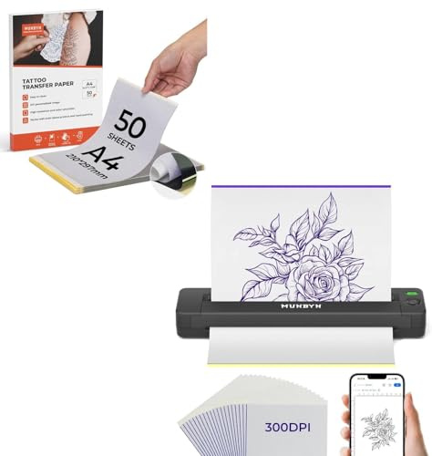 MUNBYN Imprimante de Tatouage Bluetooth, Imprimante de Pochoirs, Modèle ITP05 Noir avec 20 Feuilles de Papier Transfert A4 et 50 Feuilles de Papier Transfert pour Tatouage A4