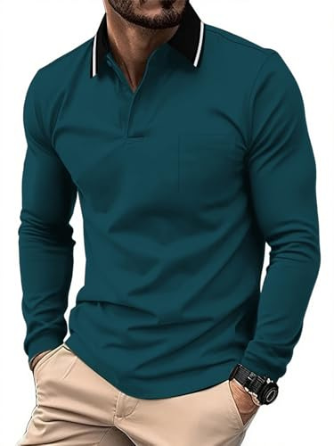 JACKETOWN Mens Polo Shirts Long Sleeve Breathable Work Polo Shirts Adult Casual Button Down Golf Tennis T Shirt,Dark Blue,L