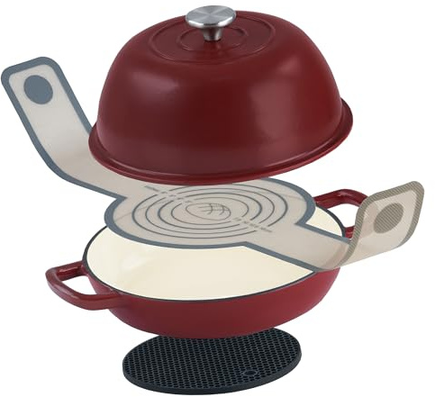 Mahlzeit Juego de cazuelas de hierro fundido esmaltado, 6,4 litros, cereza oscura, molde para pan con soga y platillo, juego de pan, olla de hierro fundido, molde para pan con tapa, olla esmaltada