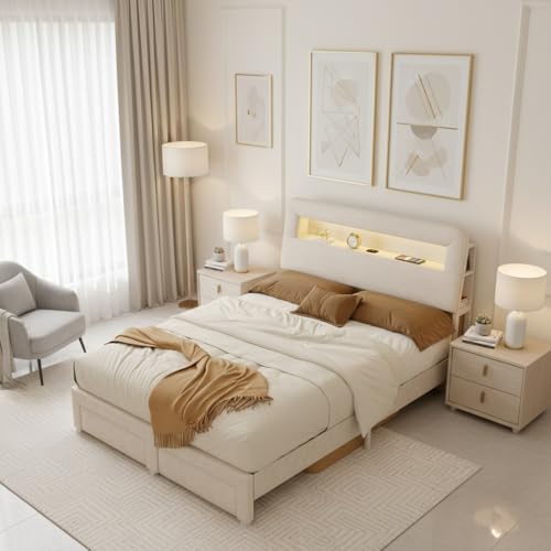 RXMORI Letto matrimoniale imbottito 160 x 200 cm con LED, letto con 2 cassetti e testiera, letto per ragazzi con rete a doghe, senza materasso, velluto (beige C, 160 x 200 cm)