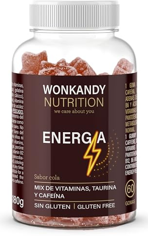 Energía. Gominolas con Cafeína y Taurina. Vitaminas B para Cansancio y Fatiga. Sabor Cola. 60 Gominolas. Energía Diaria Fácil. Sin Gluten. 180 gramos.