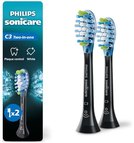 Philips Sonicare C3 Two-in-One - Genuine Replacement Electric Toothbrush Heads, Black, 2 Pack, HX9042/95