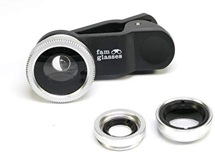 famglasses Handyobjektiv für alle Handys und Tablets 3 in 1 für Samsung, iPhone, Huawei, etc. schwarz, fisheye, Weitwinkel und Makro