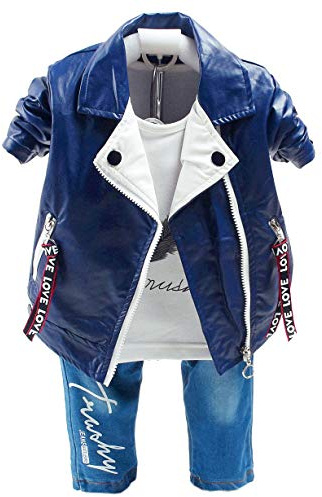 Yao Vår höst baby pojkar 3 st kläduppsättning bomullsskjorta jeans denim väst, Läderblå, 2-3 �r