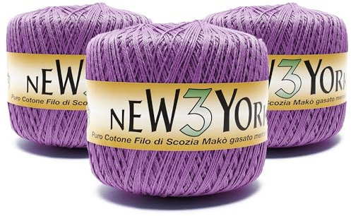 woolove New York – 3 Stück à 150 g, 100 % Baumwollgarn, Mako-Baumwolle, gasiert, merzerisiert, Baumwolle, Nr. 3 – Alpenveilchen 38