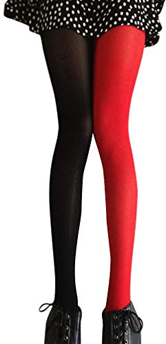 ifundom Collants Bicolores Rouge Et Noir Bas Asymétriques Pour Femme Taille Unique Élasticité Confort Collants Fantaisie Pour Fête Et Usage Quotidien