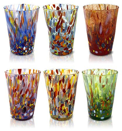 MAZZEGA ART & DESIGN - 6 vasos de bebida de cristal soplados y hechos a mano con Murrine Murano refinados y originales - Los colores de Murano - Modelo Bibita 390 ml. Made in Italy (MIX)