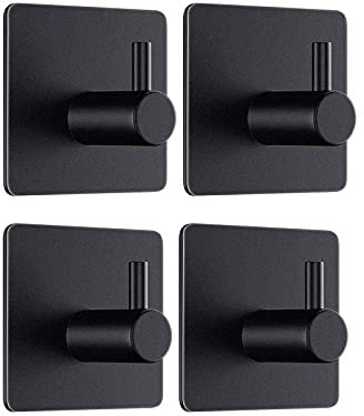 Moutek - Self Adhesive Hooks, Matte Aluminium Alloy 5KG Heavy Duty Wall Hooks for Bathroom Kitchen Living Room 4 Pack (Black)