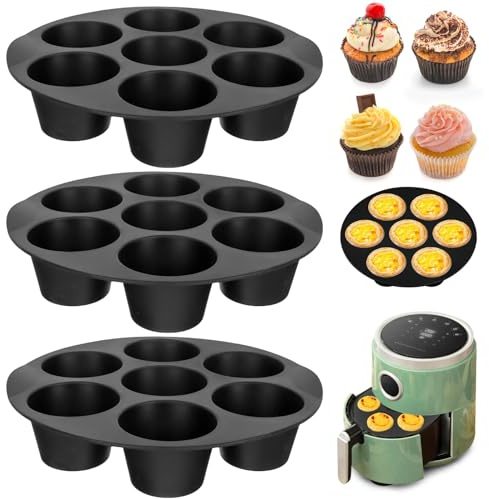 WIYETY 3 stycken non-stick silikonform, muffinsform, 7 hål, rund bakform, brödform, BPA-fri kakform, mini bakform, muffinsform, silikon, kakform för tårta, luftfrys, ugn (7 tum, svart)