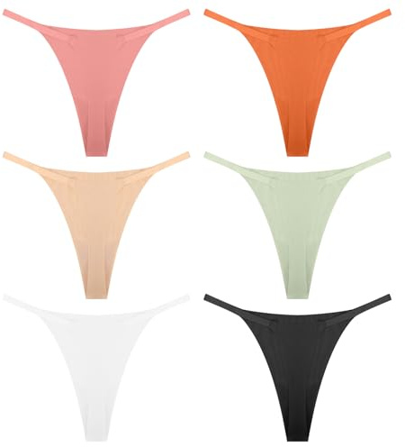 6 Pack Seamless Women's Thong Underwear, Ice Silk Thongs for Women, No Show Women's Fitness Thongs, Low Rise Breathable G String Thongs for Women (UK, Alpha, L, Regular, Regular, 6 colors, one each)