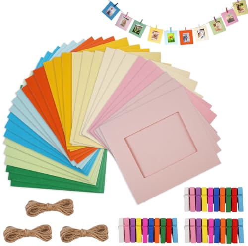 30 Pièces Cadres Photo en Papier Multicolores, 9 X 9,5 cm Cadre Photo en Papier avec Petites Pinces en Bois et Ficelle de Jute, pour Décoration Murale de la Maison, L'école, le Bureau, 10 Couleurs