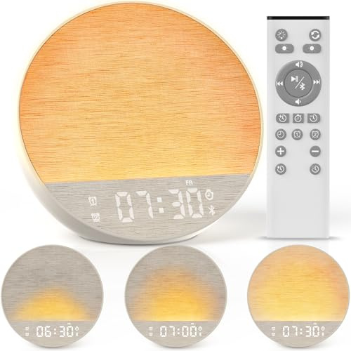 Tap-to-Snooze Sunrise Alarm Clock with Sound Machine, 36 Sounds White Noise Machine for Sleeping Adults, Gradual Sunrise Clock with Bluetooth Speaker & Remote Control, 15-Color Night Light丨Putty