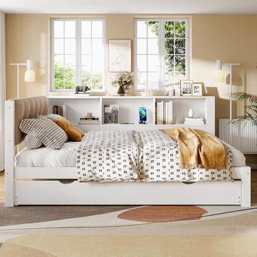Cama de día 140 x 200 cm, sofá cama (sin colchón), con cama extensible, con tira LED regulable, con práctica estantería, con conexión USB, madera de pino, color blanco