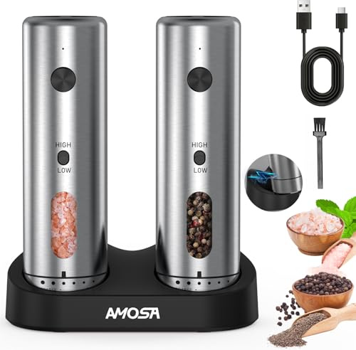 Set di macinasale e pepe elettrico, regolazione migliorata a 2 marce, grossolanità esterna regolabile a 6 livelli, fondo ricaricabile a batteria, in acciaio inox, macinino automatico per sale e pepe
