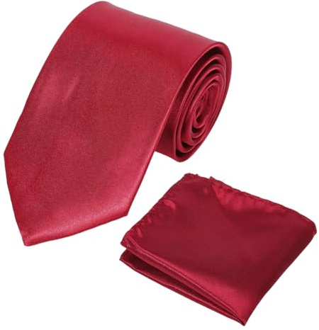 BEAMARKER Ensemble Cravate et Mouchoir de Poche pour Homme Couleur Unie Rouge Classique Satin Uni Couleur Pure de Qualité Supérieure pour Mariage Bureau Réunion Banquet
