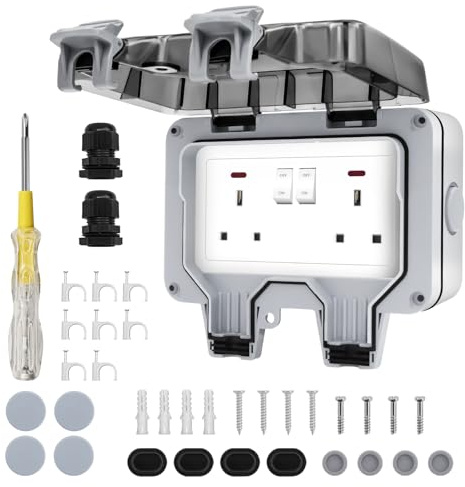 Wall-Mounted Waterproof Double Outdoor Socket with Lockable Cover, High Impact PC Housing IP66 Outside Plug Socket, Switch Indicator Light Garden Wall Electrical Outlet Cover Box, for Garden, Workshop