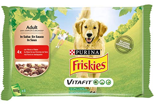 Purina Friskies 5 promesas Comida húmeda para Perros Adultos, bocaditos en Salsa con Carne y Patatas, 40 Sobres de 100 g