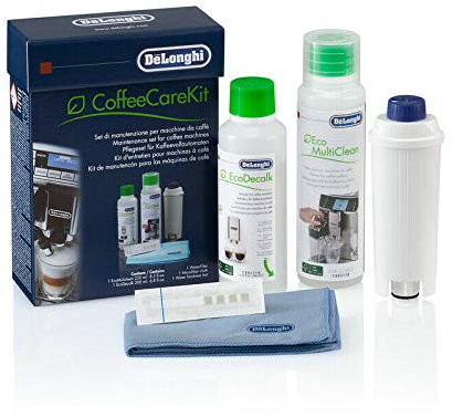 Kit de Mantenimiento para Cafetera DeLongui CoffeeCareKit - Incluye Eco Multiclean 250 ml, Descalcificador EcoDecalk 200 ml, Filtro de Agua, Tira de Prueba de Agua y Paño de Microfibra