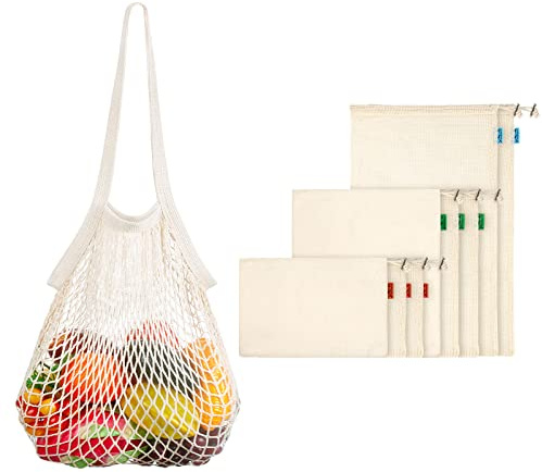Viedouce 9 Paquet Sac Legumes Courses Reutilisable,Filet Sac Stockage Produit Réutilisable Coton avec Serrage,Sacs en Fruit Legume Réutilisables en Maille,Durable & Lavable
