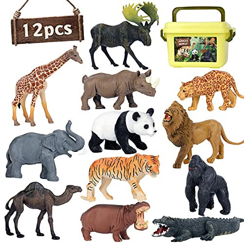 Mini Tudou Safari Tiere Spielfiguren, 12 Stück Realistische Jumbo Wild Jungle Tiere Figuren,Tierpark Spielset mit Löwe, Elefant, Giraffe, Tier Lernspielzeuf aus Plastik für Kinder Jungen udn Mädchen