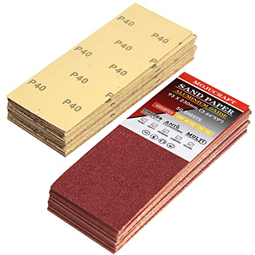 Mojucraft 50 Blatt Schleifpapier-Set, 115 x 280 mm für Holz und Metall | 4 Körnungen (40/80/120/180) | Geschnitten für Hand- und Maschinenschleifer