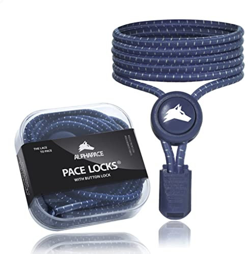 ALPHAPACE Pace Locks mit Button Lock Elastische Schnürsenkel, Schuhbänder ohne Schnüren, Slip-on Schnellverschluss für Sport, Jugend & ältere Menschen, 120 cm, 1-Paar in Navy Blue mit weissen Streifen