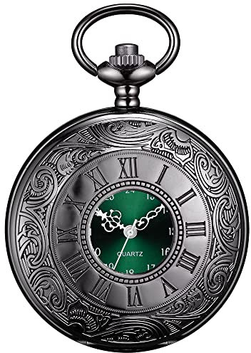 BOSHIYA Vintage Herren Taschenuhr mit Kette Einzigartiges Grün Römischen Ziffern Zifferblatt Analog Quarz Taschenuhr für Herren Schwarz
