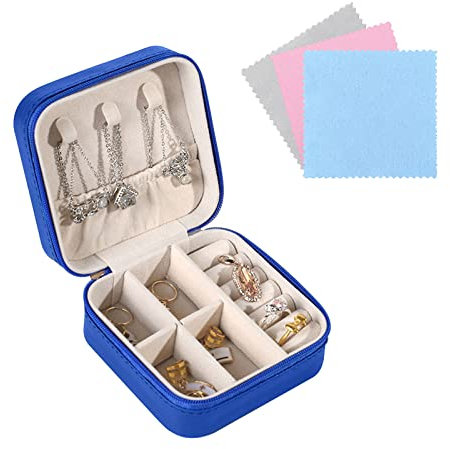 FuninCrea Jewellery Box Organiser for Women, Mini PU Leather Travel Jewelry Storage Case with 3pcs Silver Cloth for Rings Earrings Necklace, Portable Jewelry Case for Girl, Wife, Mother (dark blue)