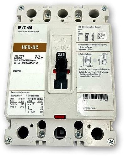 Eaton HFDDC3225WF01 Series C DC/PvGard Complete Molded Case Circuit Breaker; 3-Pole; F-Frame; High Current Rating of 225A at 250V and Support Both 50/60HZ; Support Both 50/60HZ, 3PH Power Systems