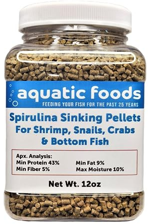 Aquatic Foods Inc. Spirulina Sinking Pellets for Shrimp, Snails, Crabs, Catfish, Plecos for All Tropical Fish 1/16 x 3/8 Pellets by Zeigler...12oz Small Jar