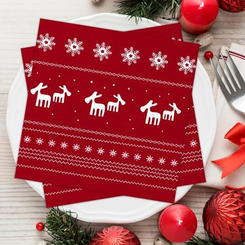 Weihnachten Servietten Rotes, 50Stück Weihnachtsservietten mit Rentier Schneeflocken Motiv, Weihnachtliche Tischdeko,Winter Paper Napkins, 3-lagig Einweg Papierservietten für Dinnerpartys Weihnachten