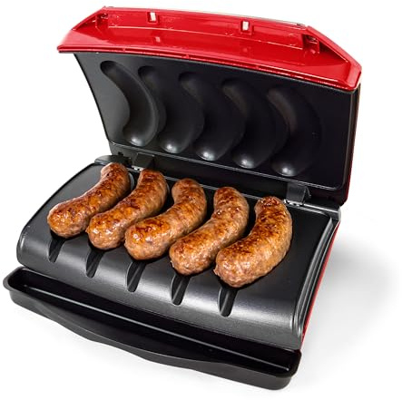 Nostalgia Game Day Sausage and Brat 5 Link Electric Grill with Oil Drip Tray, Carry Handle, and Cord Storage, Cooks Beef, Turkey, Chicken, Veggie Sausages, or Hot Dogs