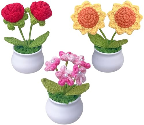 Rimvoe 3pcs Crochet Flower Pot, Sunflower Red Rose Forget Me Not Small Potted Flowers, Mothers Day Valentines Gifts for Mom Wife, Cute Desk Decor for Women Office Car Dashboard