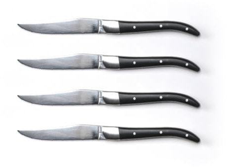Qdesign - Juego de 4 cuchillos de carne de acero inoxidable 3CR14 y ABS - Borde dentado muy afilado - Asas ergonómicas para agarre - Apto para lavavajillas - Plateado/Negro