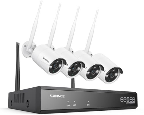 SANNCE Kit de Caméra de Surveillance WiFi 5MP pour l'extérieur, 10CH sans Fil NVR avec 4 * 5MP IP Caméra, Détection Humaine AI, étanche IP66, Prend en Charge Alexa