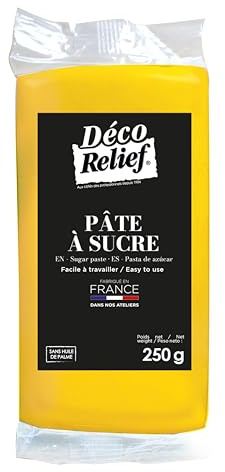 Déco Relief - Pâte à Sucre Jaune 250 g - Pâte à Sucre Professionnelle pour Gâteaux, Pâtisserie - Coloris Jaune - Fabriquée en France