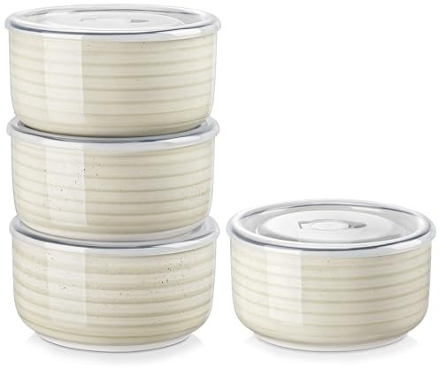 vancasso Lot de 4 Bols en Grès avec Couvercles Hermétiques - 1080 ml, Stockage Alimentaire et Service - idéal pour Meal Prep, Salades, Céréales - Design Élégant Beige - Résistants et Lavables