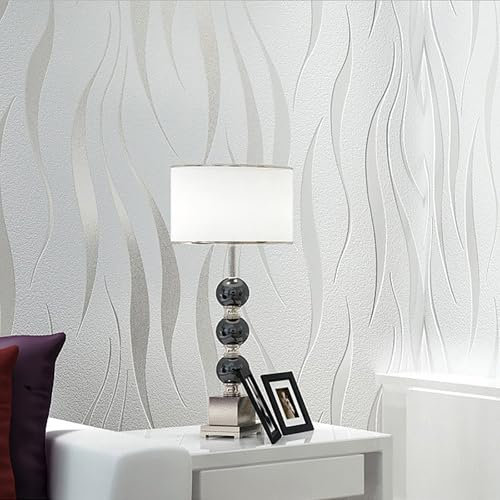 Baketron White Wallpaper Silver Glitter Textured 3D Effect Embossed Wallpapers Abstract Wave Stripes Wall Paper Roll Modern Feature for Living Room Bedroom Adults Hallway Kitchen Front Room