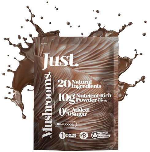 JUST Mushroom Coffee Powder 300g, Chocolate Coffee Alternative with Lion’s Mane, Cordyceps & Chaga, Vitamin B Complex Blend for Focus & Steady Energy, 30 Servings