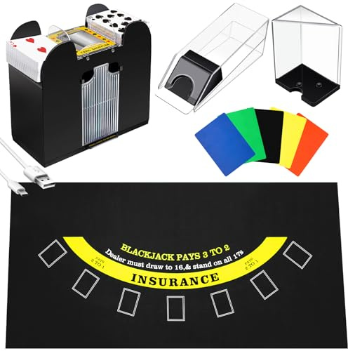 Aoriher Blackjack Game Combo Set, Include Blackjack Layout Felt,Shoe 6 Deck Automatic Card Shuffler Discard Holder Trays and 10 Cut Cards for Casino, Party Night(Black)