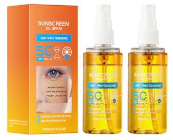 Spray solar SPF 50, protección solar Spray 50 resistente al agua, aceite solar, spray protector solar para cara y cuerpo, spray solar transparente (2 unidades)