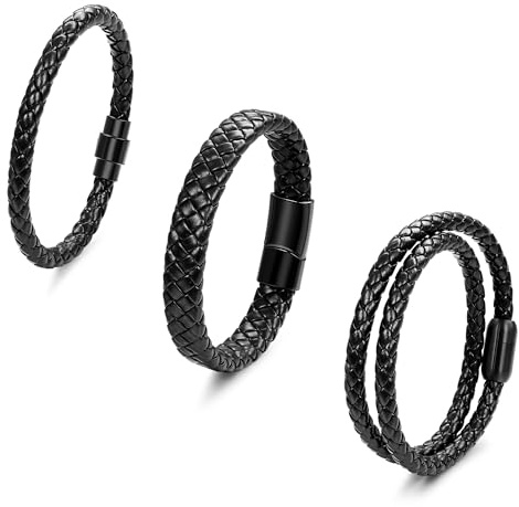 SOMEITIA 3Pcs Genuine Italian Braided Leather for Men Women Leather Wrist Cuff Bracelets Black Brown Stainless Steel Clasp Wrap Wristband Black 8.0 Inch
