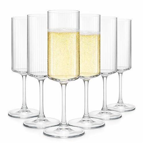 Champagne Flutes Set of 6, 185ml Prosecco Glasses, Ribbed Champagne Glasses with Tall Stem, Clear Sparkling Wine Glasses, Lead-Free Glass Flutes for Wedding, Party, Anniversary, Christmas and Mimosas