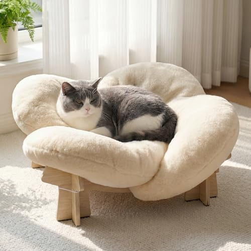 Veehoo Modern Elevated Flower Cat Bed with Washable Fluffy Cushion for Indoor Cats & Small Dogs, Wooden Raised Pet Couch Sofa, Cozy Lounge Chair Suitable for Puppy, Cat Furniture