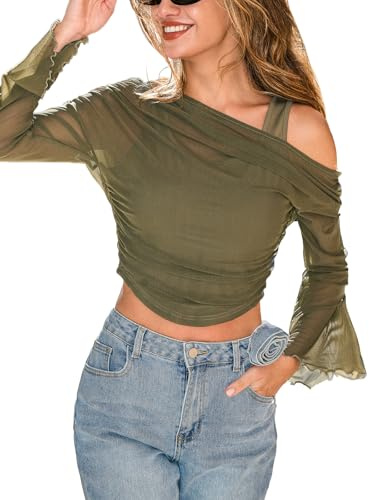 CUPSHE Långärmad tröja för kvinnor, mesh, one-shoulder, samlad långärmad, transparent, crop top, party, klubb, Y2K topp, Olivgrön, M