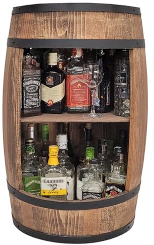 weeco Elegante mobile mini bar a forma di barile in legno di faggio, Mobili a barile, Scaffale per vino. Portabottiglie vino whisky birra vodka, stile industriale Armadietto design, Marrone Vintage