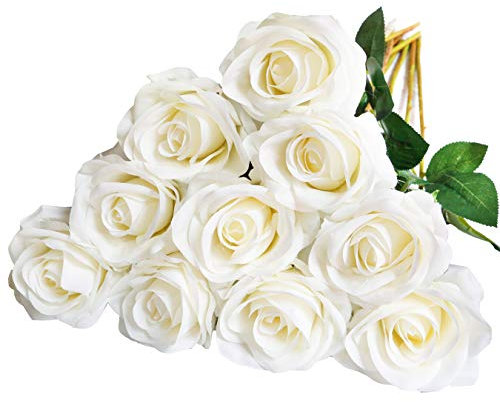 DuHouse 10 Stück künstliche Rosen Seidenblumen Fake Rose 54cm einzelnen Langen Stiel künstlich Blumen Bouquet für Brautstrauß Arrangement Hochzeit Tafelaufsatz Party Haus Küche Dekor(weiße)