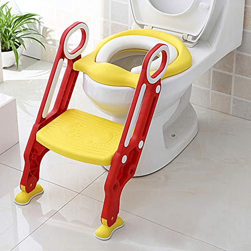 Greensen Toilettensitz Kinder mit Treppe Toilettenaufsatz Toilettentrainer Kinder Toilettensitz Faltbar Töpfchen Verstellbarer Trainingssitz mit PU Kissen und Griffen Töpfchen für Kinder