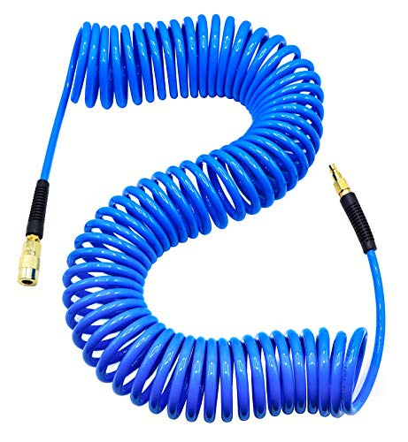 YOTOO Polyurethane Recoil Air Hose, Air Compressor Hose 1/4 Inner Diameter by 50' Long with Bend Restrictor, 1/4 Industrial Quick Coupler and Plug, Blue